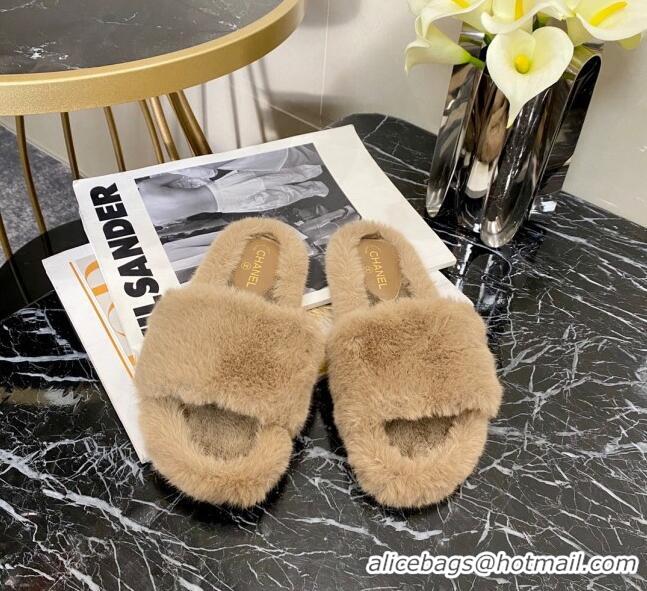 Super Quality Chanel Fur Wide Strap Flat Sandals 111124 Beige