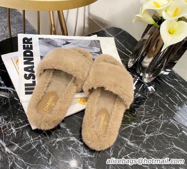 Super Quality Chanel Fur Wide Strap Flat Sandals 111124 Beige