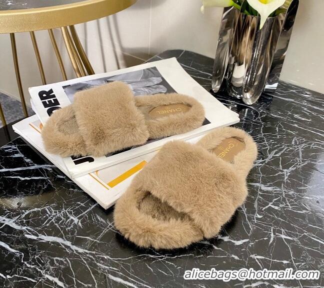 Super Quality Chanel Fur Wide Strap Flat Sandals 111124 Beige