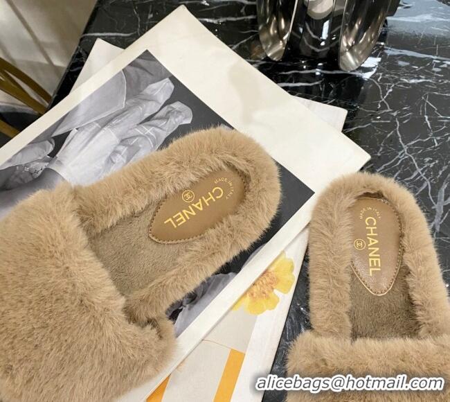 Super Quality Chanel Fur Wide Strap Flat Sandals 111124 Beige