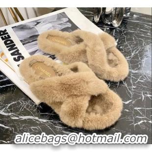 Cute Chanel Fur Cross Straps Flat Sandals 111125 Beige