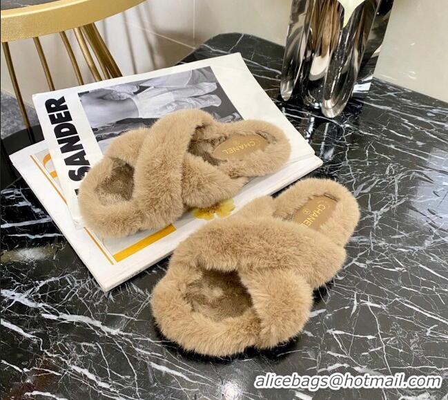 Cute Chanel Fur Cross Straps Flat Sandals 111125 Beige