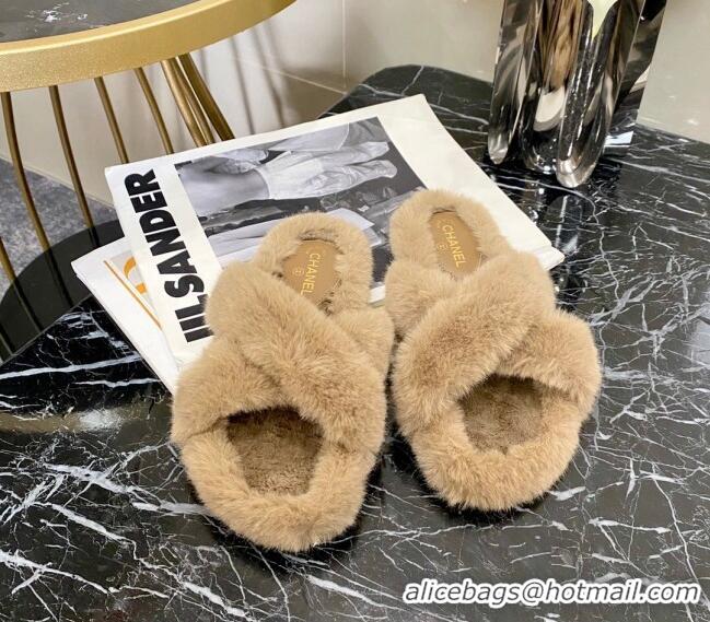 Cute Chanel Fur Cross Straps Flat Sandals 111125 Beige