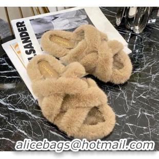 Low Cost Chanel Fur Woven Strap Flat Sandals 111126 Beige