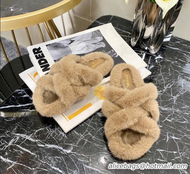 Low Cost Chanel Fur Woven Strap Flat Sandals 111126 Beige