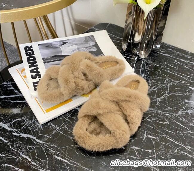 Low Cost Chanel Fur Woven Strap Flat Sandals 111126 Beige