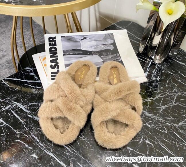 Low Cost Chanel Fur Woven Strap Flat Sandals 111126 Beige