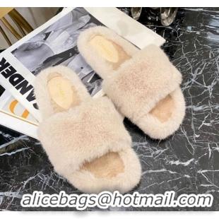 Grade Design Chanel Fur Wide Strap Flat Sandals 111127 Nude