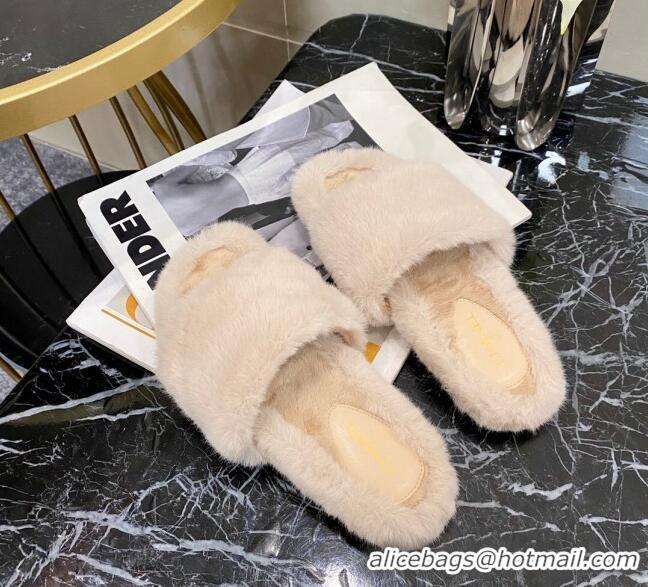 Grade Design Chanel Fur Wide Strap Flat Sandals 111127 Nude