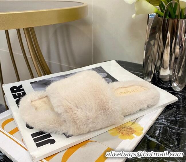 Grade Design Chanel Fur Wide Strap Flat Sandals 111127 Nude