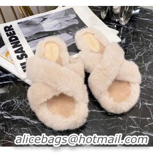 Good Quality Chanel Fur Cross Strap Flat Sandal 111128 Nude