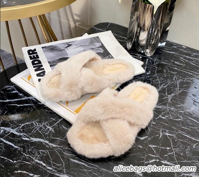 Good Quality Chanel Fur Cross Strap Flat Sandal 111128 Nude