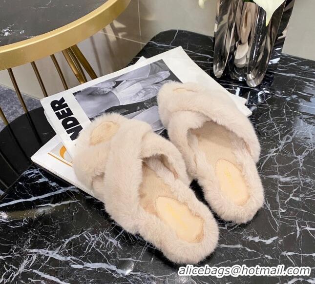 Good Quality Chanel Fur Cross Strap Flat Sandal 111128 Nude