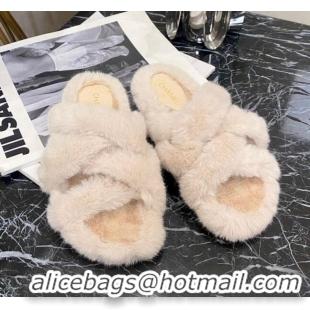 Good Product Chanel Fur Woven Strap Flat Sandals 111129 Nude