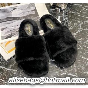 Custom Chanel Fur Wide Strap Flat Sandals 111130 Black