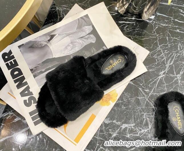 Custom Chanel Fur Wide Strap Flat Sandals 111130 Black