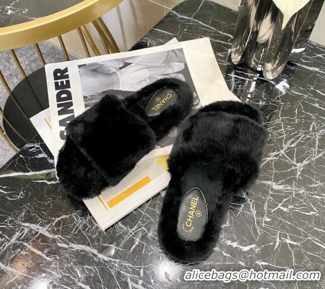 Custom Chanel Fur Wide Strap Flat Sandals 111130 Black