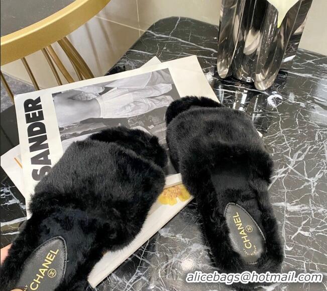 Custom Chanel Fur Wide Strap Flat Sandals 111130 Black