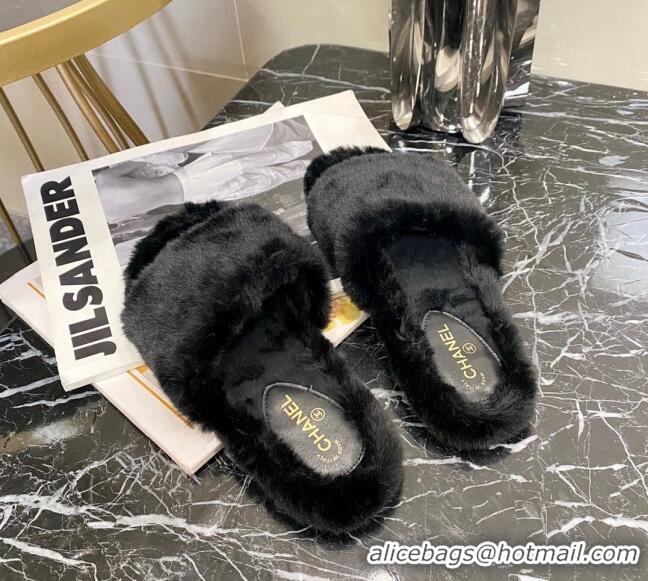 Custom Chanel Fur Wide Strap Flat Sandals 111130 Black