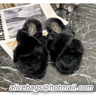 Low Price Chanel Fur Cross Strap Flat Sandals 111130 Black