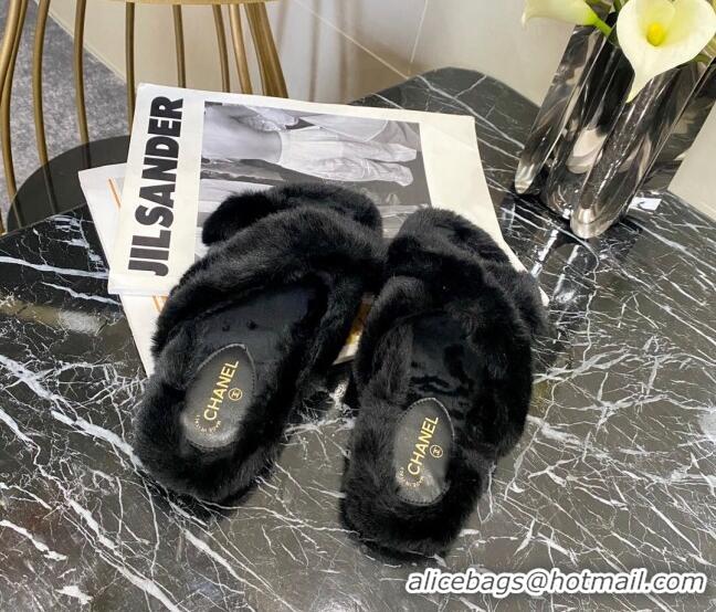 Low Price Chanel Fur Cross Strap Flat Sandals 111130 Black