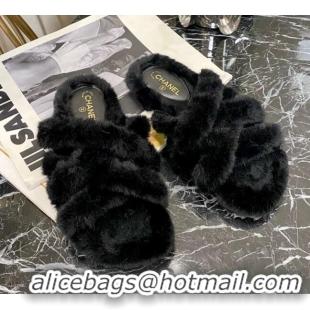 Perfect Chanel Fur Woven Strap Flat Sandals 111130 Black