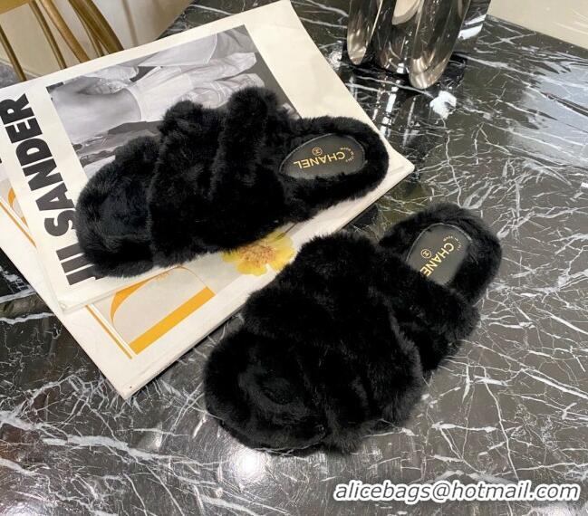 Perfect Chanel Fur Woven Strap Flat Sandals 111130 Black