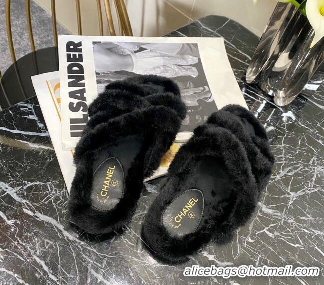 Perfect Chanel Fur Woven Strap Flat Sandals 111130 Black