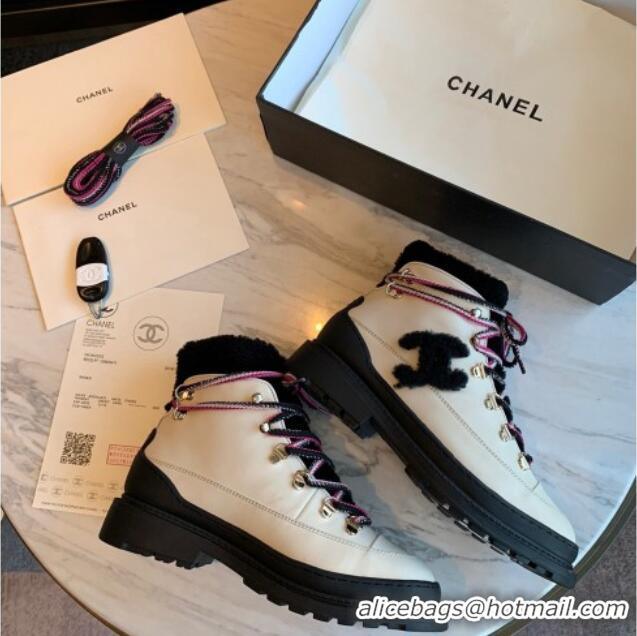 Best Price Chanel Calfskin Wool Lace-up Flat Short Boots G35376 Beige/Black