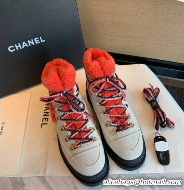 Newest Chanel Calfskin Wool Lace-up Flat Short Boots G35376 Beige/Orange