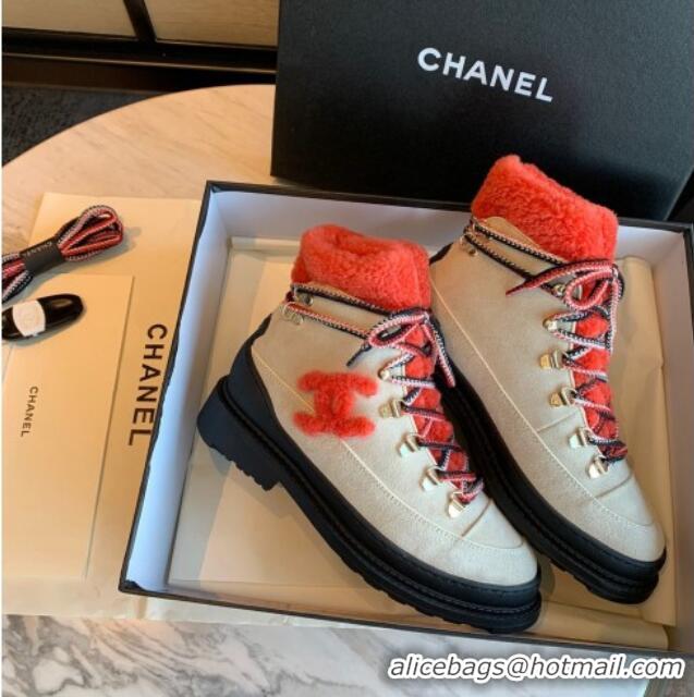 Newest Chanel Calfskin Wool Lace-up Flat Short Boots G35376 Beige/Orange