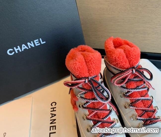 Newest Chanel Calfskin Wool Lace-up Flat Short Boots G35376 Beige/Orange