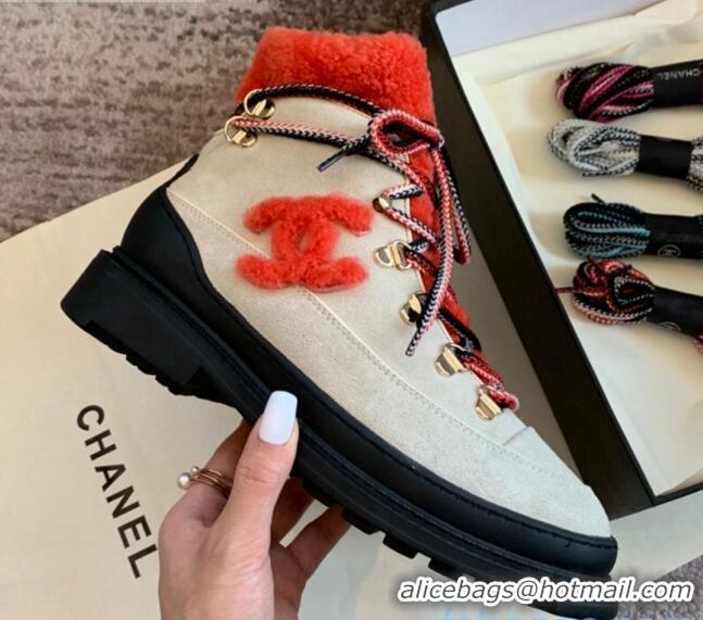 Newest Chanel Calfskin Wool Lace-up Flat Short Boots G35376 Beige/Orange