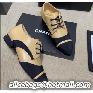 Top Quality Chanel Vintage Lace-ups Brogue Shoes in Leather and Fabric Patchwork 111170 Apricot