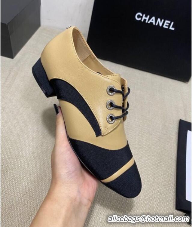 Top Quality Chanel Vintage Lace-ups Brogue Shoes in Leather and Fabric Patchwork 111170 Apricot