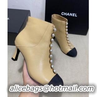 Best Price Chanel Lambskin Short Boots with Pearl Line G36774 Beige