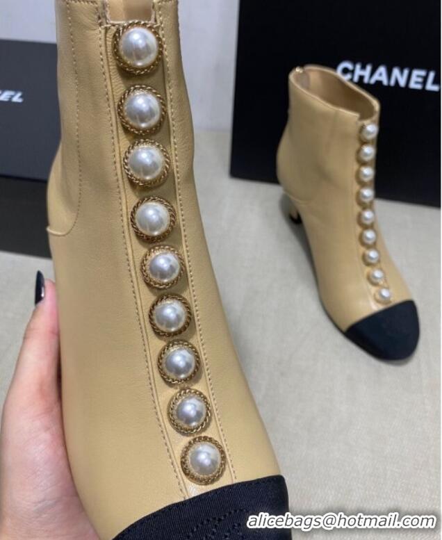 Best Price Chanel Lambskin Short Boots with Pearl Line G36774 Beige