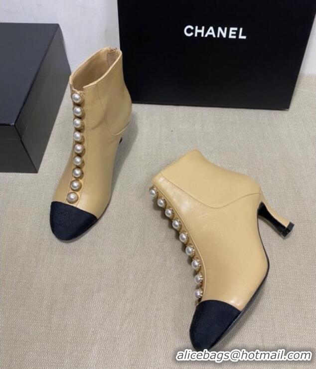 Best Price Chanel Lambskin Short Boots with Pearl Line G36774 Beige