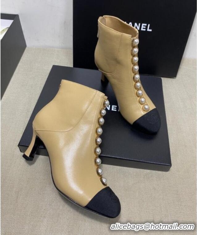 Best Price Chanel Lambskin Short Boots with Pearl Line G36774 Beige