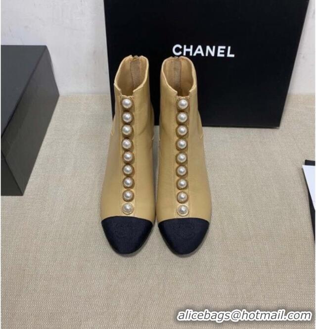 Best Price Chanel Lambskin Short Boots with Pearl Line G36774 Beige