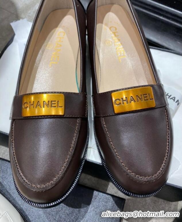 Top Quality Chanel Calfskin Loafers with Logo Metal 111229 Dark Brown