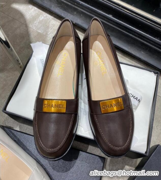 Top Quality Chanel Calfskin Loafers with Logo Metal 111229 Dark Brown