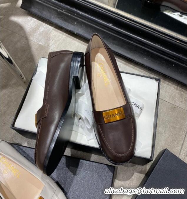 Top Quality Chanel Calfskin Loafers with Logo Metal 111229 Dark Brown