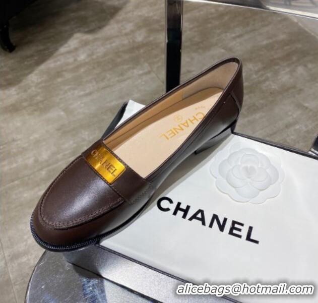 Top Quality Chanel Calfskin Loafers with Logo Metal 111229 Dark Brown