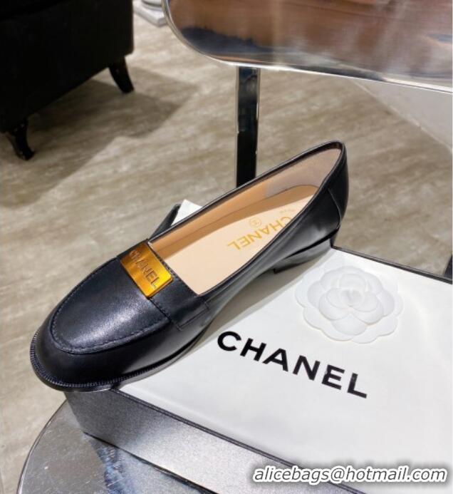 New Style Chanel Calfskin Loafers with Logo Metal 111229 Black