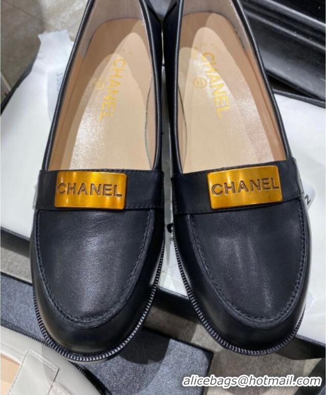 New Style Chanel Calfskin Loafers with Logo Metal 111229 Black