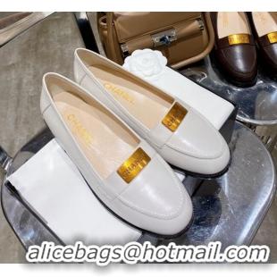 Most Popular Chanel Calfskin Loafers with Logo Metal 111229 White