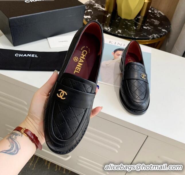 Top Design Chanel Quilted Lambskin Loafers with CC Band G36436 Black