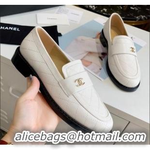 Low Cost Chanel Quilted Lambskin Loafers with CC Band G36436 White