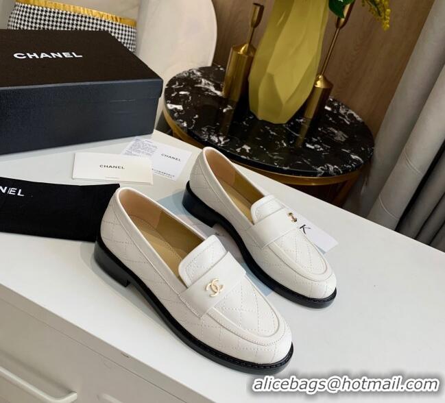 Low Cost Chanel Quilted Lambskin Loafers with CC Band G36436 White